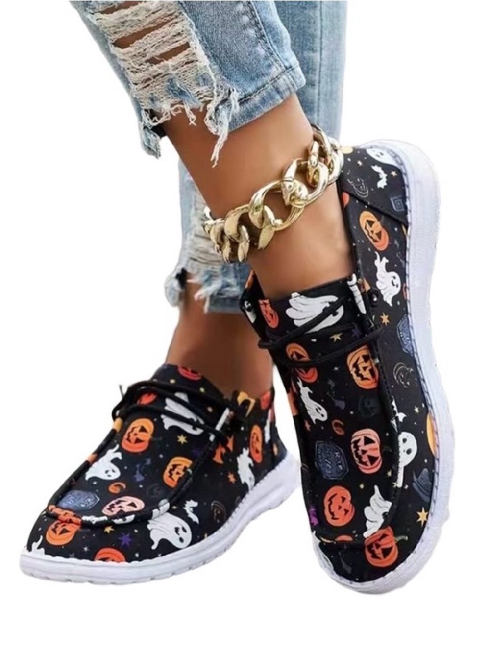 Women's Halloween Pumpkin Ghost Print canvas slip on Fashion shoes size 9